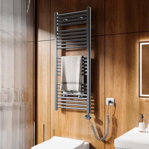 Heilmetz Badheizkörper Elektrisch 1200x500mm Handtuchheizkörper Elektrisch mit Thermostat 500W Seitenanschluss Anthrazit | Gerade Badheizkörper mit Timer+Temperaturregler+Thermostat+LCD-Displays von Heilmetz