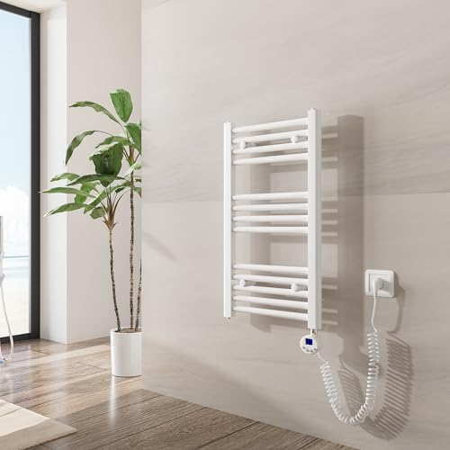 Heilmetz Badheizkörper Elektrisch mit Heizstab 250W Leistung 700 x 400 mm Weiß Gerade Bad Heizkörper Handtuchwärmer Handtuchtrockner mit Thermostat Timer von Heilmetz