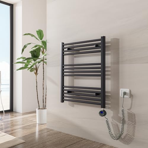 Heilmetz Badheizkörper Elektrisch mit Heizstab 300W Leistung 700 x 600 mm Anthrazit Gerade Bad Heizkörper Handtuchwärmer Handtuchtrockner mit Thermostat Timer von Heilmetz