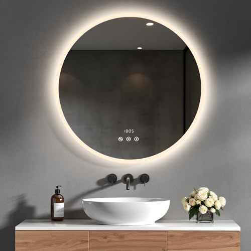 Heilmetz Bluetooth Badspiegel mit Beleuchtung Rund 70cm, LED Badezimmerspiegel mit Licht, Uhr, Antibeschlag, Touch Schalter, Runder Spiegel mit Beleuchtung, 4300K Warmweiß Beleuchtet von Heilmetz