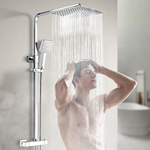 Heilmetz Duschsystem mit Thermostat (30x30cm Kopfbrause) Regendusche mit Thermostat Edelstahl Duschset mit Handbrause, Eckig Regenbrause Verstellbarer 800-1180mm Duschstange Chrom von Heilmetz