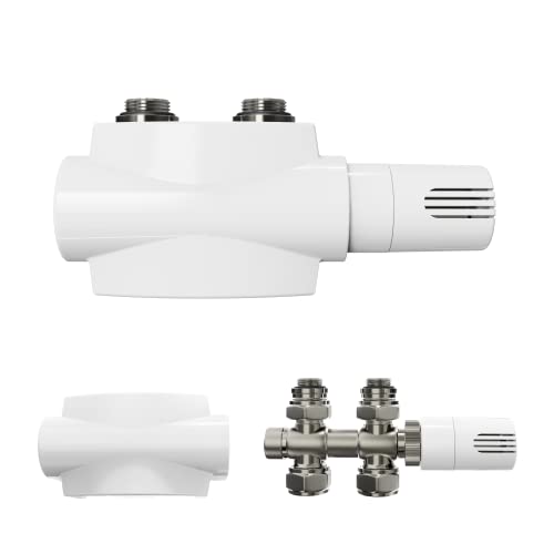 Heilmetz Multiblock Set für Heizkörper Anschlussarmatur mit Thermostat 50mm Ventil-Armaturen Heizungszubehör Eck- und Durchgangsform Wandanschluß Anschlußgarnitur (16mm, 1 Stück, Weiß | Typ 2) von Heilmetz