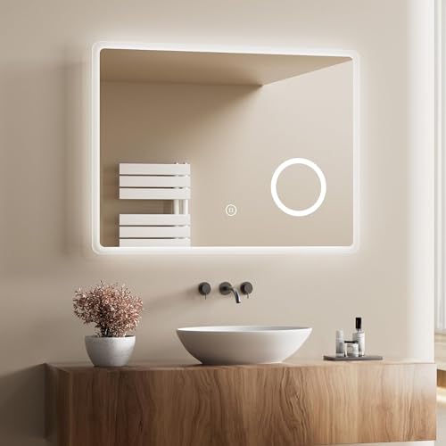 Heilmetz LED Badspiegel mit Beleuchtung 80x60cm, Badezimmerspiegel mit Licht, 3 Lichtfarben Dimmbar, Antibeschlag, 3X Vergrößerung, Wandspiegel mit Beleuchtung, Energiesparend von Heilmetz