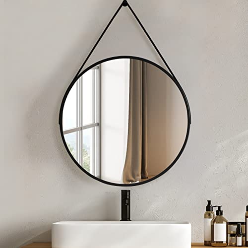 Heilmetz® Badspiegel Rund Φ80cm Wandspiegel Badezimmerspiegel mit Verstellbarem Riemen IP44 Wasserdicht Schwarz von Heilmetz