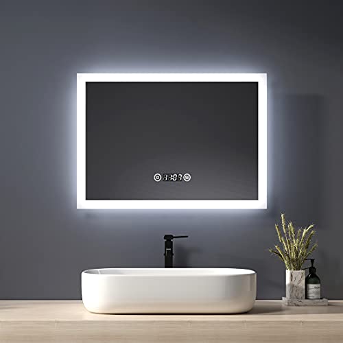 Heilmetz Badspiegel mit Beleuchtung 70x50cm LED Badezimmerspiegel Lichtspiegel mit Touch + Beschlagfrei + Uhr + 3 Lichtfarbe Dimmbar IP44 Energiesparend von Heilmetz