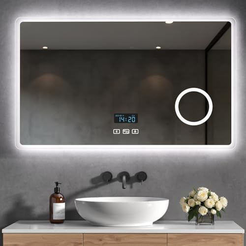 Heilmetz Bluetooth Badspiegel mit Beleuchtung 100x60cm, LED Badezimmerspiegel mit Licht, Uhr, 3 Lichtfarben Dimmbar, Antibeschlag, 3X Vergrößerung, Wandspiegel mit Beleuchtung, Energiesparend Heilmetz Bluetooth Badspiegel mit Beleuchtung 100x60cm, LED Badezimmerspiegel mit Licht, Uhr, 3 Lichtfarben Dimmbar, Antibeschlag, 3X Vergrößerung, Wandspiegel mit Beleuchtung, Energiesparend von Heilmetz
