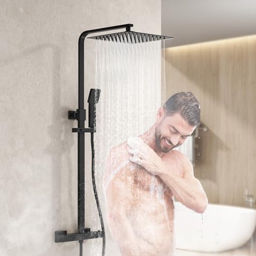 Heilmetz Duschsystem Schwarz Duschsystem mit Thermostat Eckig 20x20cm Regendusche Duschset, Duschsäule mit Kopfbrause und Handbrause,HöHenverstellbar 800-1180mm Duschstange von Heilmetz