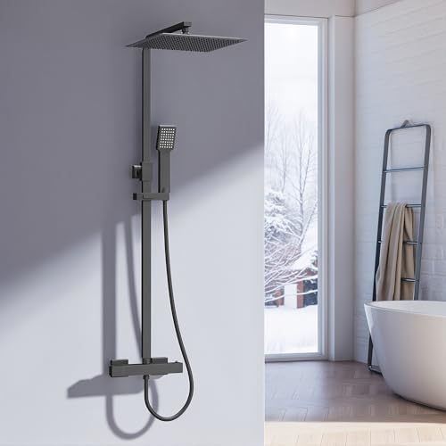 Heilmetz Duschsystem Schwarz Duschsystem mit Thermostat Regendusche Duschset, 304 Edelstahl Duschsäule mit Kopfbrause und Handbrause, Eckig 20x20cm Regenbrause HöHenverstellbar Duschstange 800-1180mm von Heilmetz