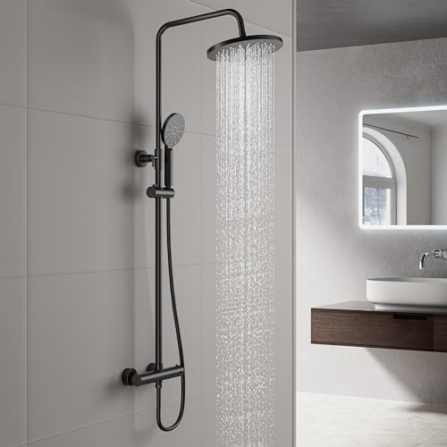 Heilmetz® Duschsystem mit Thermostat Regendusche Duschset 304 Edelstahl Duschsäule mit Kopfbrause und Handbrause 25x25cm Regenbrause Duschset mit Schlauch Verstellbarer Duschstange 800-1180mm Schwarz von Heilmetz