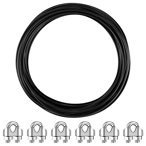 15M Edelstahl Drahtseil 3mm Stahlseil mit 6 Stück Drahtseilklemmen M3 Bügelseilklemme, PVC Schwarz Ummantelt Stahlkabel Wäscheleine von Heilok