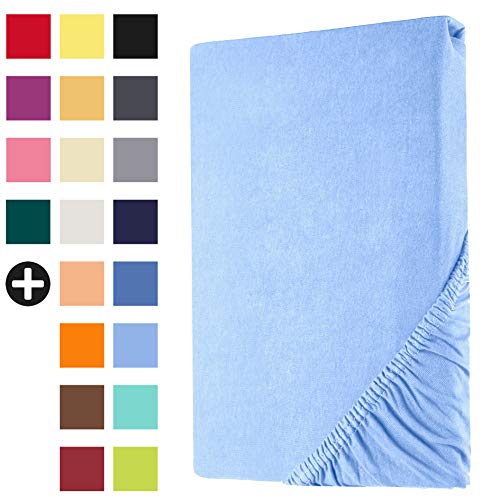 Heim24h Spannbettlaken 180x200cm bis 30 cm, Hellblau, 100% Baumwolle Bettlaken, Öko Tex Zertifiziert Jersey Spannbetttuch von Heim24h Germany