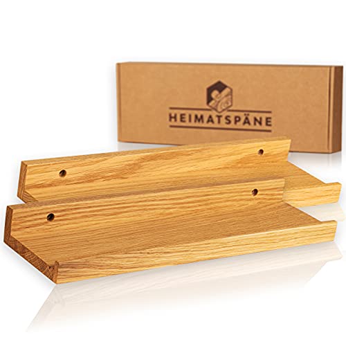 Heimatspäne 2er-Set Bilderleiste Holz 40cm – Echtes Eichenholz, freischwebende Regalbretter inkl. Schraubenabdeckung aus Echtholz – handgemachtes Wandregal, Holzregal Eiche massiv von Heimatspäne
