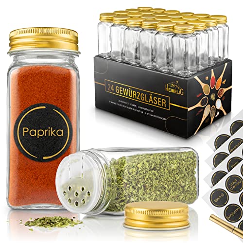 Heimelig Premium 24er Gewürzgläser Set mit goldenem Deckel und Streueinsatz, 48x Etiketten vorgedruckt und zum Beschriften mit extra Goldstift, 2x Papier Trichter zum Befüllen von Heimelig