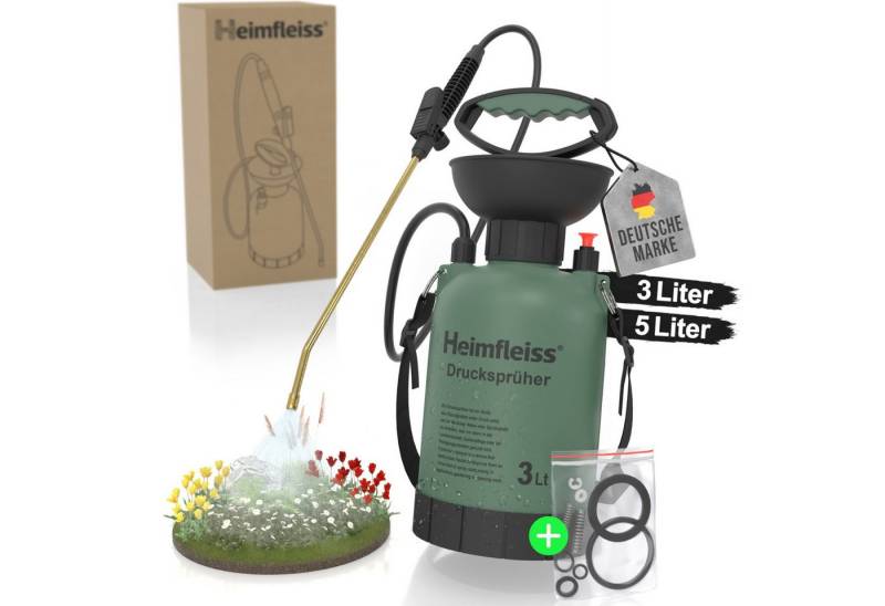 Heimfleiss® Gartenspritze Drucksprüher 3L / 5L – Gartenspritze mit Messinglanze, 36 cm lang, Robuste Unkrautspritze mit verstellbarem Sprühstrahl & Schultergurt von Heimfleiss®