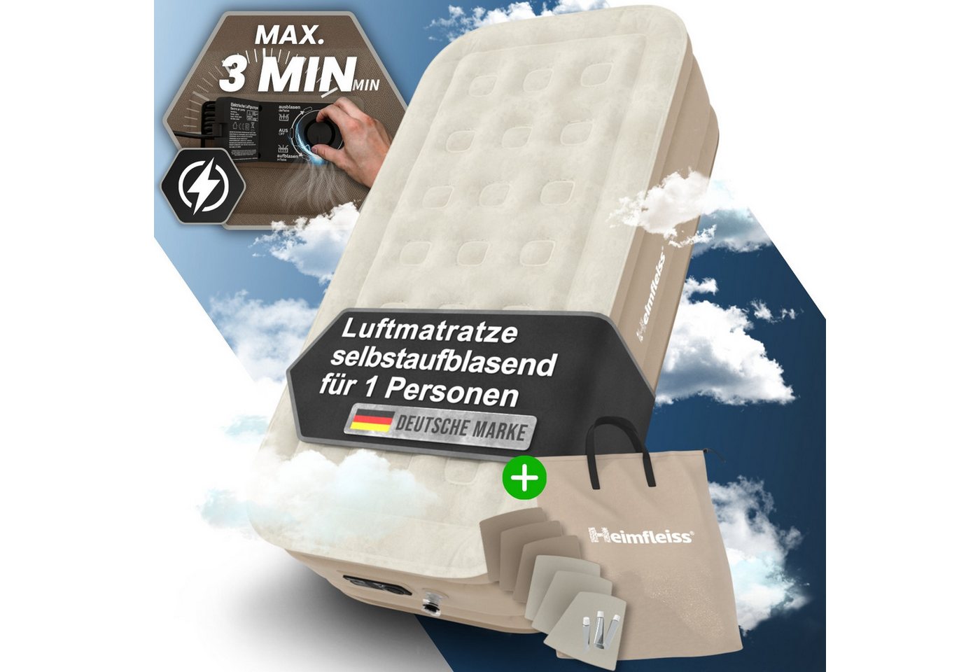Heimfleiss® Luftmatratze Luftmatratze Selbstaufblasend – Komfort für Camping & Gäste, Robustes Luftbett mit integrierter Pumpe & Anti-Leakage-Ventil von Heimfleiss®