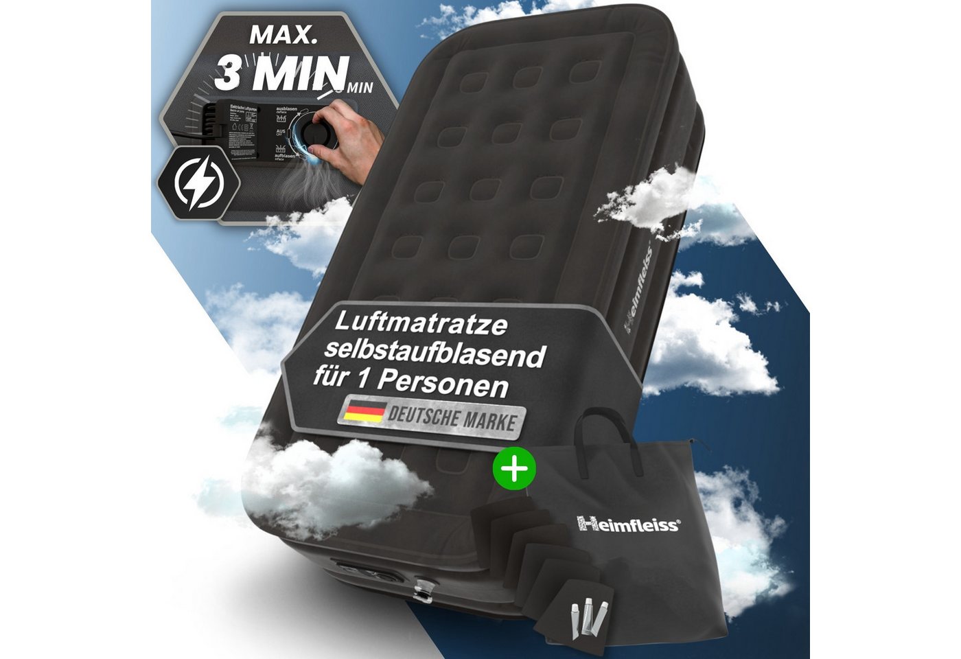 Heimfleiss® Luftmatratze Luftmatratze Selbstaufblasend – Komfort für Camping & Gäste, Robustes Luftbett mit integrierter Pumpe & Anti-Leakage-Ventil von Heimfleiss®