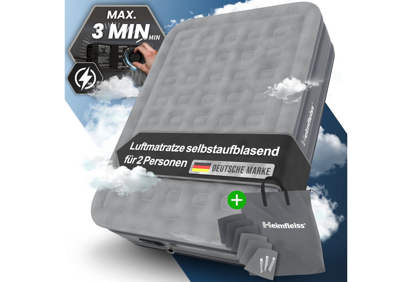 Heimfleiss® Luftmatratze Luftmatratze Selbstaufblasend – Komfort für Camping & Gäste, Robustes Luftbett mit integrierter Pumpe & Anti-Leakage-Ventil von Heimfleiss®
