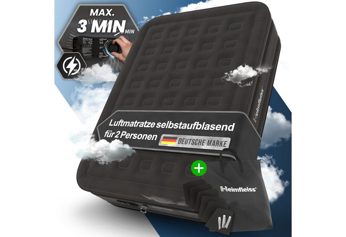 Heimfleiss® Luftmatratze Luftmatratze Selbstaufblasend – Komfort für Camping & Gäste, Robustes Luftbett mit integrierter Pumpe & Anti-Leakage-Ventil von Heimfleiss®