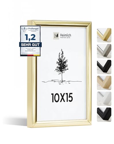 Heimlich® Bilderrahmen 10x15 Gold 1-Pack | Bilderrahmen 10x15 Alu | Kleiner Bilderrahmen Gold mit Plexiglas | Fotorahmen 10x15 zum Aufhängen & Aufstellen | Picture Frame 10x15 | Photo Frame 10x15 von Heimlich