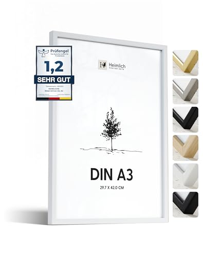 Heimlich® 1x Bilderrahmen DIN A3 30x42 cm Weiss Holz Rahmen 1-Pack | Dokumentenrahmen 29,7x42 cm Groß Collage | Holzrahmen Holz-Bilderrahmen Echtholz | Picture Frame A3 Fotorahmen von Heimlich