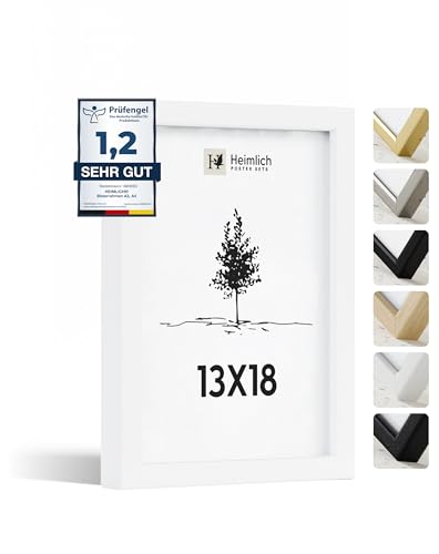 Heimlich® 1x Bilderrahmen 13x18 cm Weiss Rahmen 1-Pack | Dokumentenrahmen 13x18 cm Klein Collage | Holzrahmen Holz-Bilderrahmen Poster Echtholz | Picture Frame 13x18 Fotorahmen zum Aufhängen von Heimlich