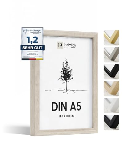 Heimlich® 1x Bilderrahmen DIN A5 14,8x21 cm Natur Eiche Holz Rahmen 1-Pack | Dokumentenrahmen 14,8x21 cm Klein Collage | Holzrahmen Holz-Bilderrahmen Poster Echtholz | Picture Frame A5 Fotorahmen von Heimlich