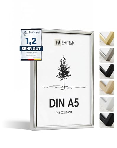 Heimlich® 1x Bilderrahmen DIN A5 14,8x21 cm Silber Champagne Metall Rahmen 1-Pack | Dokumentenrahmen 14,8x21 cm Groß Collage | Metallrahmen Alu-Bilderrahmen Poster Aluminium | Picture Frame A5 von Heimlich