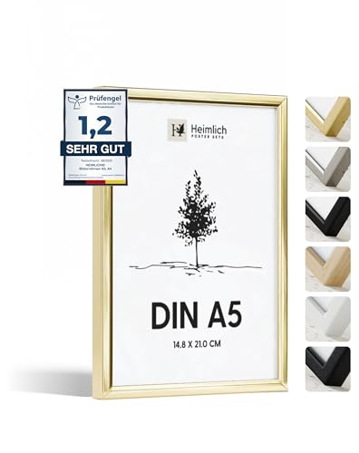 Heimlich® 1x Bilderrahmen DIN A5 14,8x21 cm Gold Metall Rahmen 1-Pack | Dokumentenrahmen 14,8x21 cm Groß Collage | Metallrahmen Alu-Bilderrahmen Poster Aluminium | Picture Frame A5 Fotorahmen von Heimlich