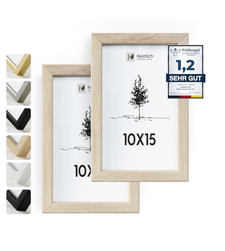 Heimlich® Bilderrahmen 10x15 Eiche 2-Pack | Bilderrahmen 10x15 Holz | Bilderrahmen Set Eiche mit Plexiglas | Fotorahmen 10x15 zum Aufhängen & Aufstellen | Picture Frame 10x15 | Photo Frame 10x15 von Heimlich