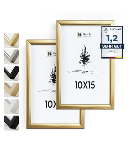 Heimlich® Bilderrahmen 10x15 Gold 2-Pack | Bilderrahmen 10x15 Alu | Bilderrahmen Set Gold mit Plexiglas | Fotorahmen 10x15 zum Aufhängen & Aufstellen | Picture Frame 10x15 | Photo Frame 10x15 von Heimlich