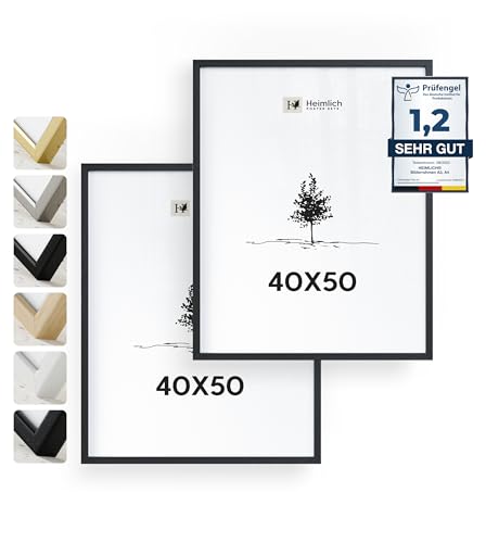 Heimlich® 2x Bilderrahmen 40x50 cm Schwarz Rahmen 2-Pack | Dokumentenrahmen 40x50 cm Groß Collage | Holzrahmen Holz-Bilderrahmen Echtholz | Picture Frame 40x50 Fotorahmen zum Aufhängen von Heimlich