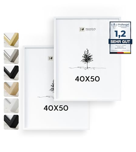 Heimlich® 2x Bilderrahmen 40x50 cm Weiss Rahmen 2-Pack | Dokumentenrahmen 40x50 cm Groß Collage | Holzrahmen Holz-Bilderrahmen Echtholz | Picture Frame 40x50 Fotorahmen zum Aufhängen von Heimlich