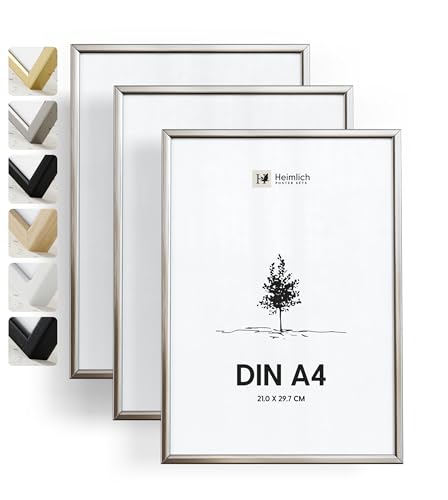 Heimlich® - Bilderrahmen - A4 21x30 cm, Aluminium, Metall, Silber, 3er-Pack - Urkunden-, Diplom- und Dokumentenrahmen mit Folienabdeckung - Wandmontage oder Tischaufsteller von Heimlich