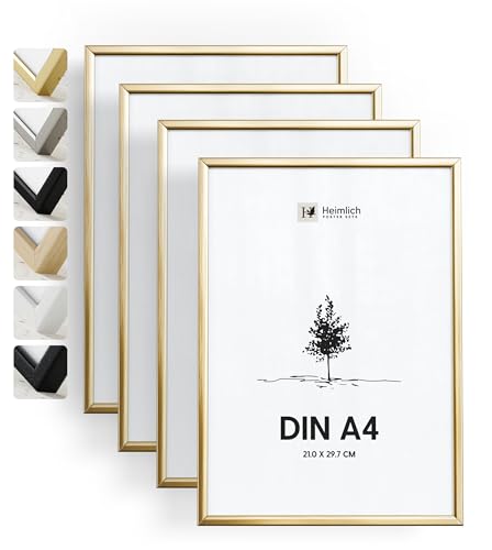 Heimlich® - Bilderrahmen - A4 21x30 cm, Aluminium Metall, Gold, 4er Pack - Rahmen für Dokumente, Urkunden, Diplome mit Kunststofffolienabdeckung - Wandmontage oder Tischaufsteller von Heimlich