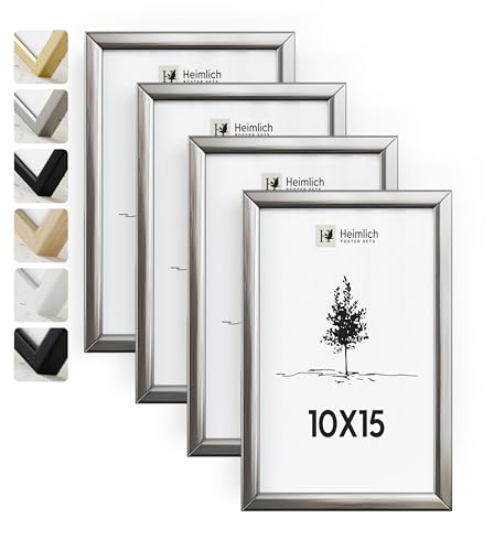Heimlich® Bilderrahmen 10x15 Silber 4-Pack | Bilderrahmen 10x15 Alu | Bilderrahmen Set Silber mit Plexiglas | Fotorahmen 10x15 zum Aufhängen & Aufstellen | Picture Frame 10x15 | Photo Frame 10x15 von Heimlich
