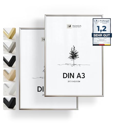 Heimlich® 2x Bilderrahmen DIN A3 30x42 cm Silber Champagne Metall Rahmen 2-Pack | Dokumentenrahmen 29,7x42 cm Groß Collage | Metallrahmen Alu-Bilderrahmen Aluminium | Picture Frame A3 von Heimlich