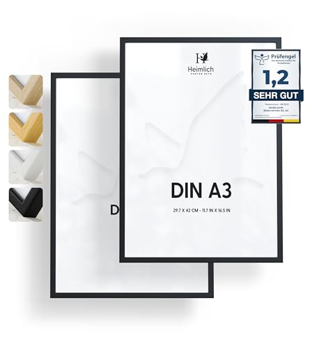 Heimlich® - Bilderrahmen - A3 29,7x42 cm, Kiefernholz, Schwarz, 2er-Pack - Kleine Posterrahmen - Nur zur Wandmontage von Heimlich