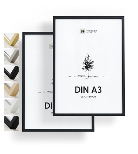 Heimlich® - Bilderrahmen - A3 29,7x42 cm, Ayous-Holz, Schwarz, 2er-Pack - Kleiner Posterrahmen - Nur zur Wandmontage von Heimlich