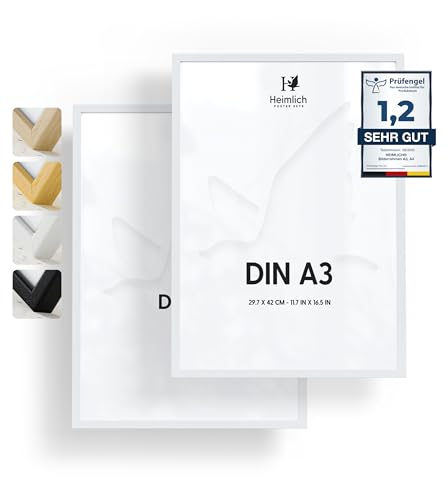 Heimlich® - Bilderrahmen - A3 29,7x42 cm, Kiefernholz, Weiß, 2er-Pack - Kleine Posterrahmen - Nur zur Wandmontage von Heimlich