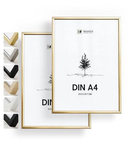 Heimlich® - Bilderrahmen - A4 21x30 cm, Aluminium, Gold, 2er-Pack - Rahmen für Dokumente, Urkunden, Diplome mit Kunststoffabdeckung - Wandmontage oder Tischaufsteller von Heimlich