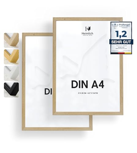 Heimlich® - Bilderrahmen Bilderrahmen – A4 21x30 cm, Kiefernholz, Eichenholz, 2er-Pack – Urkundenrahmen mit Kunststoffabdeckung – Wandmontage oder Tischaufsteller von Heimlich