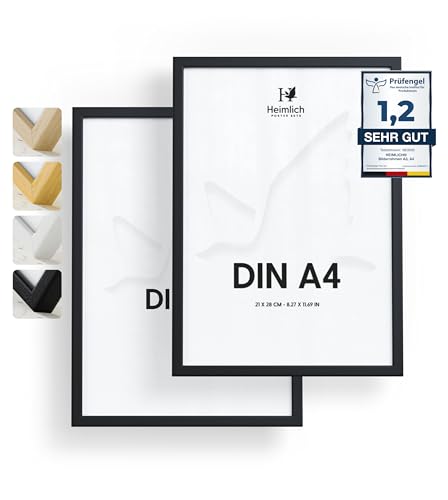Heimlich® Bilderrahmen – A4 21x30 cm, Kiefernholz, Schwarz, 2er-Pack – Urkundenrahmen mit Kunststoffabdeckung – Wandmontage oder Tischaufsteller von Heimlich