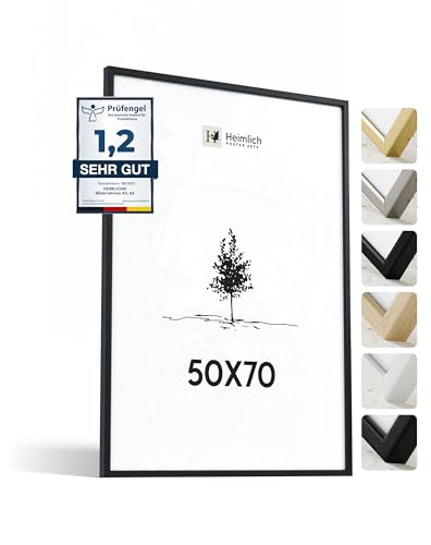 Heimlich® 1x Bilderrahmen 50x70 cm Schwarz Rahmen 1-Pack | Dokumentenrahmen 50x70 cm Groß Collage | Holzrahmen Holz-Bilderrahmen Echtholz | Picture Frame 50x70 Fotorahmen zum Aufhängen von Heimlich