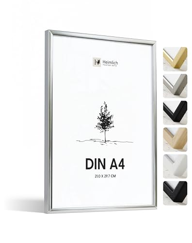 Heimlich® - Bilderrahmen - A4 21x30 cm, Aluminium Metall, Silber - Urkundenrahmen mit Kunststofffolienabdeckung - Wandmontage oder Tischaufsteller von Heimlich