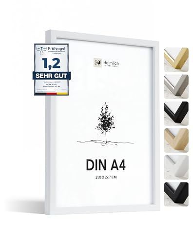 Heimlich® 1x Bilderrahmen DIN A4 21x30 cm Weiss Holz Rahmen 1-Pack | Dokumentenrahmen 21x29,7 cm Klein Collage | Holzrahmen Holz-Bilderrahmen Echtholz | Picture Frame A4 Fotorahmen von Heimlich