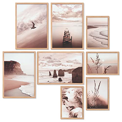 Heimlich® Premium Poster Set OHNE Bilderrahmen | 4 x DIN A3 & 4 x DIN A4 - ca. 30x42 & 21x30 | Stilvolle Poster Collagen mit modernen Bilder als Wanddeko |» Rose Gold Beach « von Heimlich