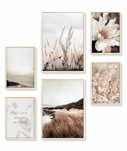 Heimlich® Premium Poster Set mit Bilderrahmen Aluminium Gold | 2 x DIN A3 & 4 x DIN A4 - ca. 30x42 & 21x30 | Stilvolle Poster Collagen mit passenden Bilder als Wanddeko » Meer Strand Blumen « von Heimlich