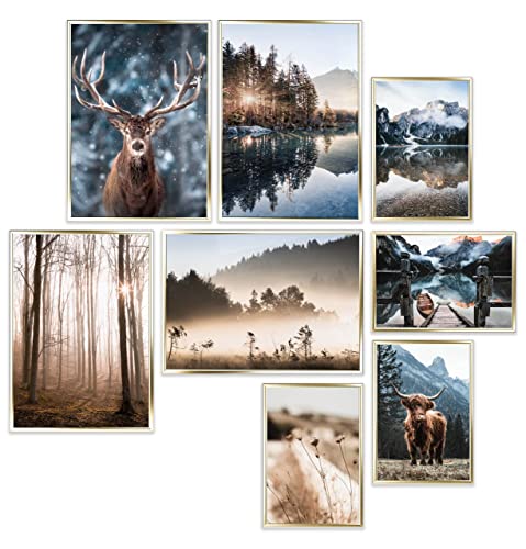 Heimlich® Premium Poster Set mit Bilderrahmen Aluminium Gold | 4 x DIN A3 & 4 x DIN A4 - ca. 30x42 & 21x30 | Stilvolle Poster Collagen mit modernen Bilder als Wanddeko |» Achtsamkeit in Natur « von Heimlich