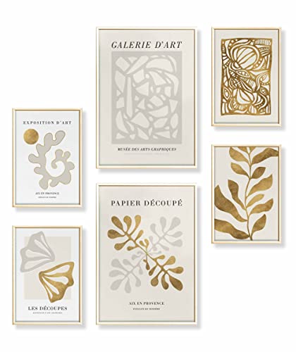 Heimlich® Premium Poster Set mit Bilderrahmen Aluminium Gold | 2 x DIN A3 & 4 x DIN A4 - ca. 30x42 & 21x30 | Stilvolle Poster Collagen mit passenden Bilder als Wanddeko » Abstrakt Matisse Gold « von Heimlich