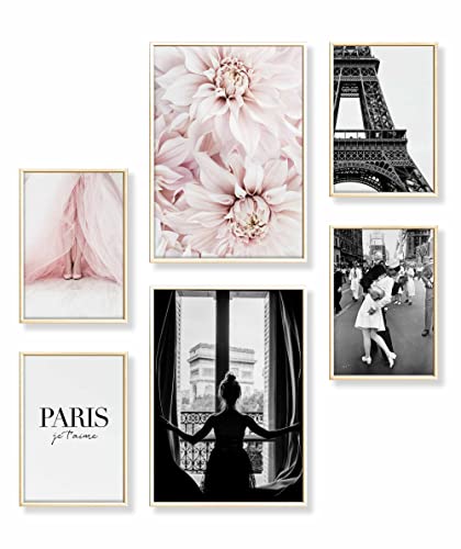 Heimlich® Premium Poster Set mit Bilderrahmen Aluminium Gold | 2 x DIN A3 & 4 x DIN A4 - ca. 30x42 & 21x30 | Stilvolle Poster Collagen mit passenden Bilder als Wanddeko » Paris Fashion Blumen « von Heimlich